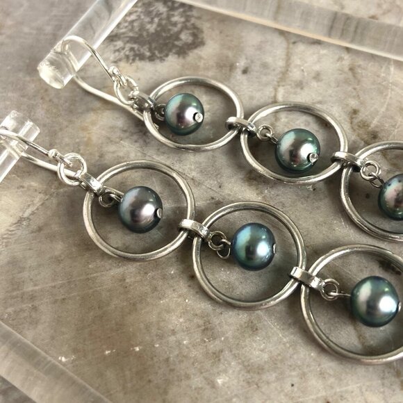 Sterling Silver 925 3" Long Round Triple Tiered Peacock Pearl Dangle Earrings - Picture 6 of 16